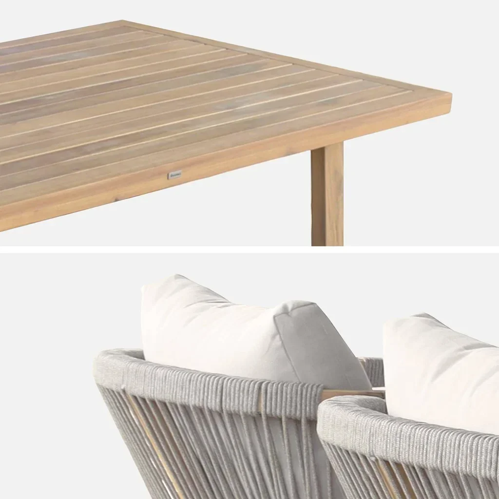 Ensemble table haute jardin acacia 4 fauteuils corde Paloma