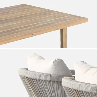Ensemble table haute jardin acacia 4 fauteuils corde Paloma