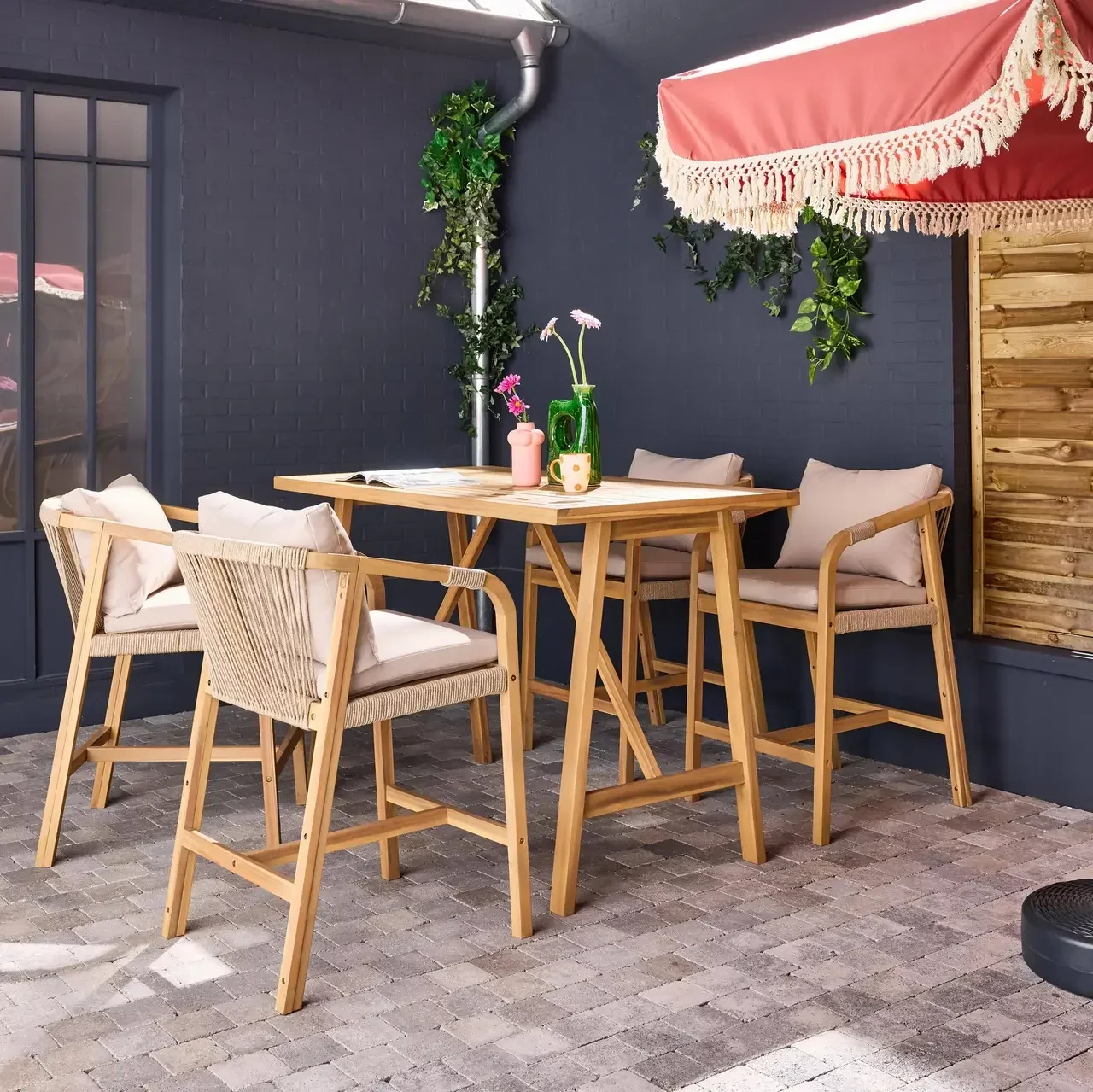Ensemble table haute jardin acacia 4 fauteuils corde Paloma