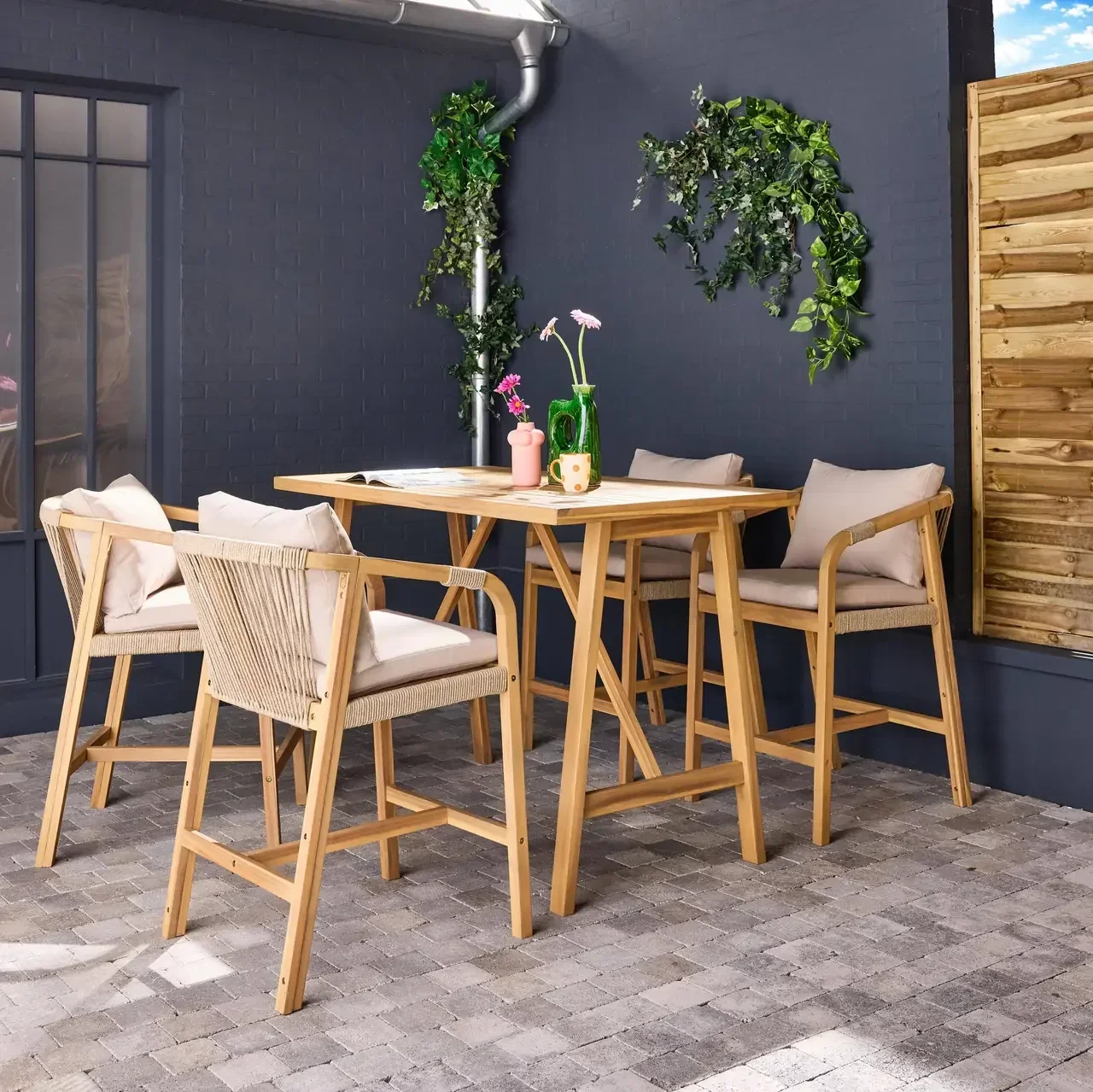 Ensemble table haute jardin acacia 4 fauteuils corde Paloma