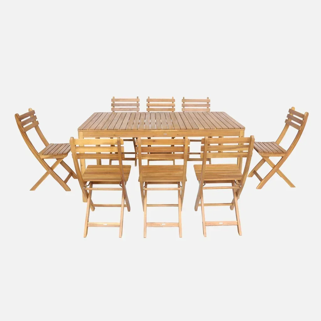 Ensemble table jardin bois acacia 160 cm 8 places coins arrondis extérieur
