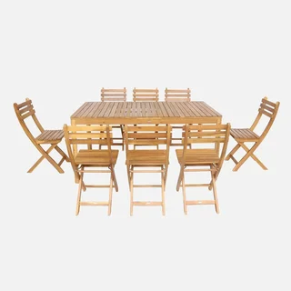 Ensemble table jardin bois acacia 160 cm 8 places coins arrondis extérieur