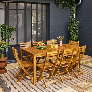 Ensemble table jardin bois acacia 160 cm 8 places coins arrondis extérieur
