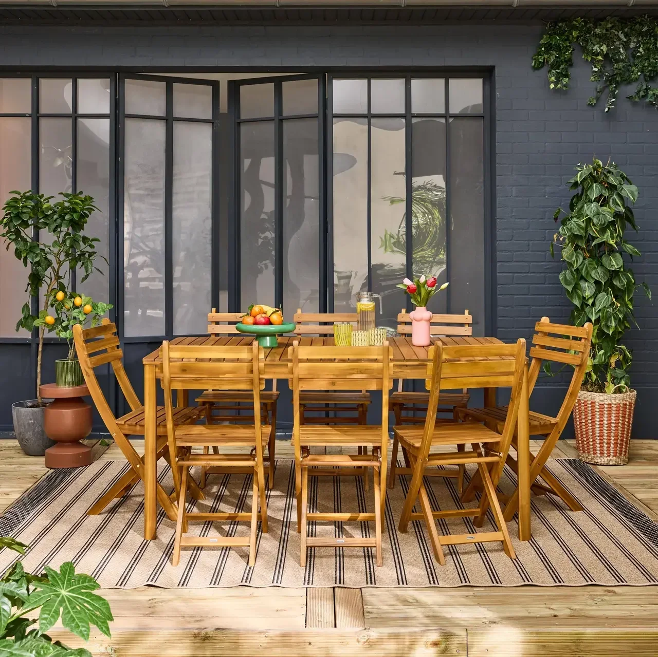 Ensemble table jardin bois acacia 160 cm 8 places coins arrondis extérieur