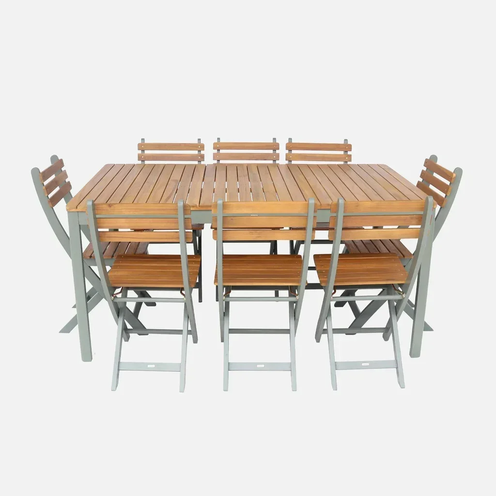 Ensemble table jardin bois acacia 160 cm 8 places coins arrondis Senora