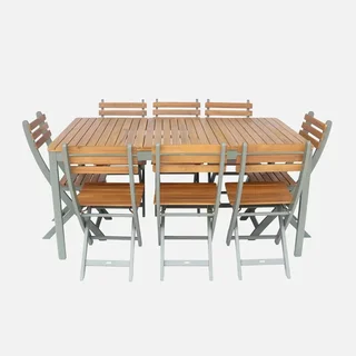 Ensemble table jardin bois acacia 160 cm 8 places coins arrondis Senora