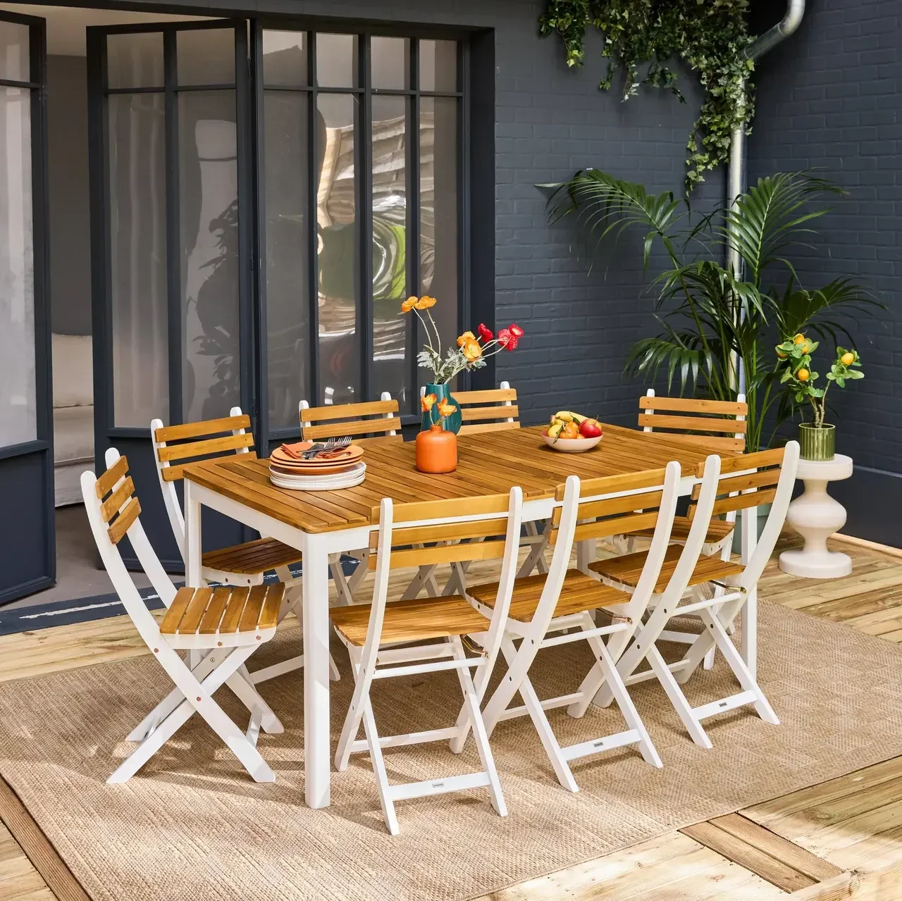 Ensemble table jardin acacia 160 cm 8 places extérieur