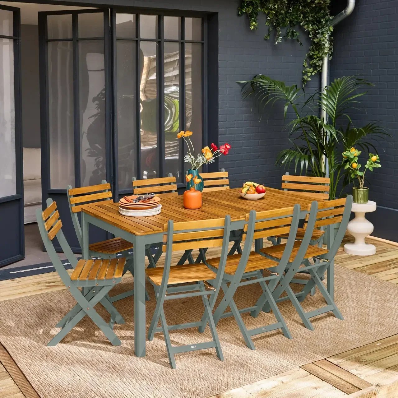 Ensemble table jardin bois acacia 160 cm 8 places coins arrondis Senora