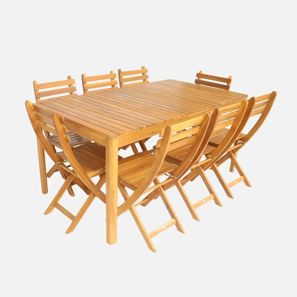 Ensemble table jardin bois acacia 160 cm 8 places coins arrondis extérieur