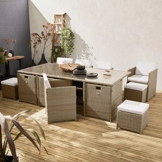Set Tavolo Giardino Incassabile 12 Posti Rattan Intrecciato Grigio Mélange Vabo