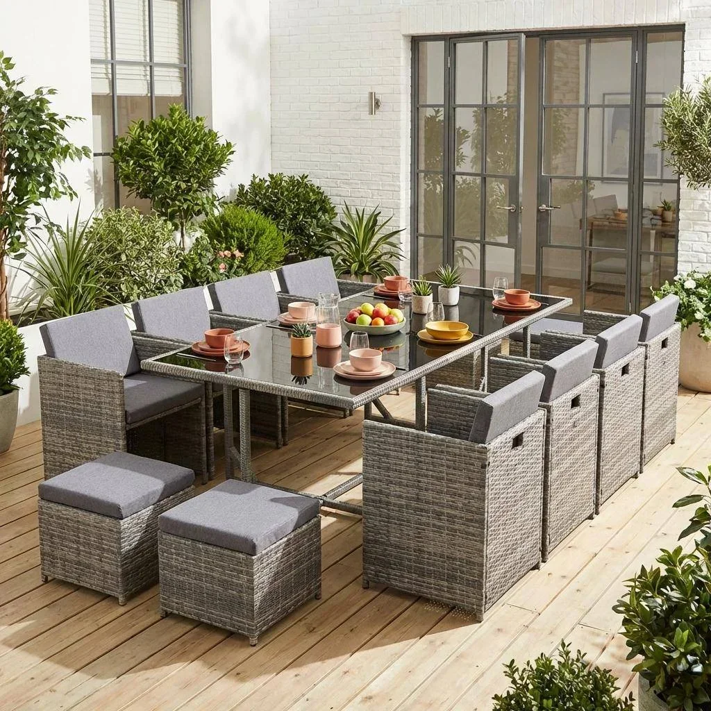 Ensemble table jardin encastrable 12 places résine tressée gris chiné