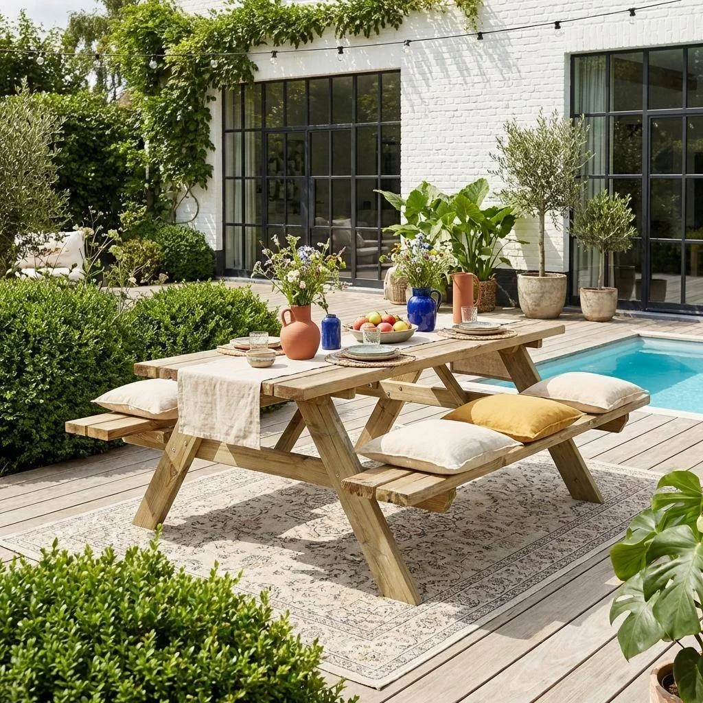 Table pique-nique bois pin avec bancs rabattables 6 personnes