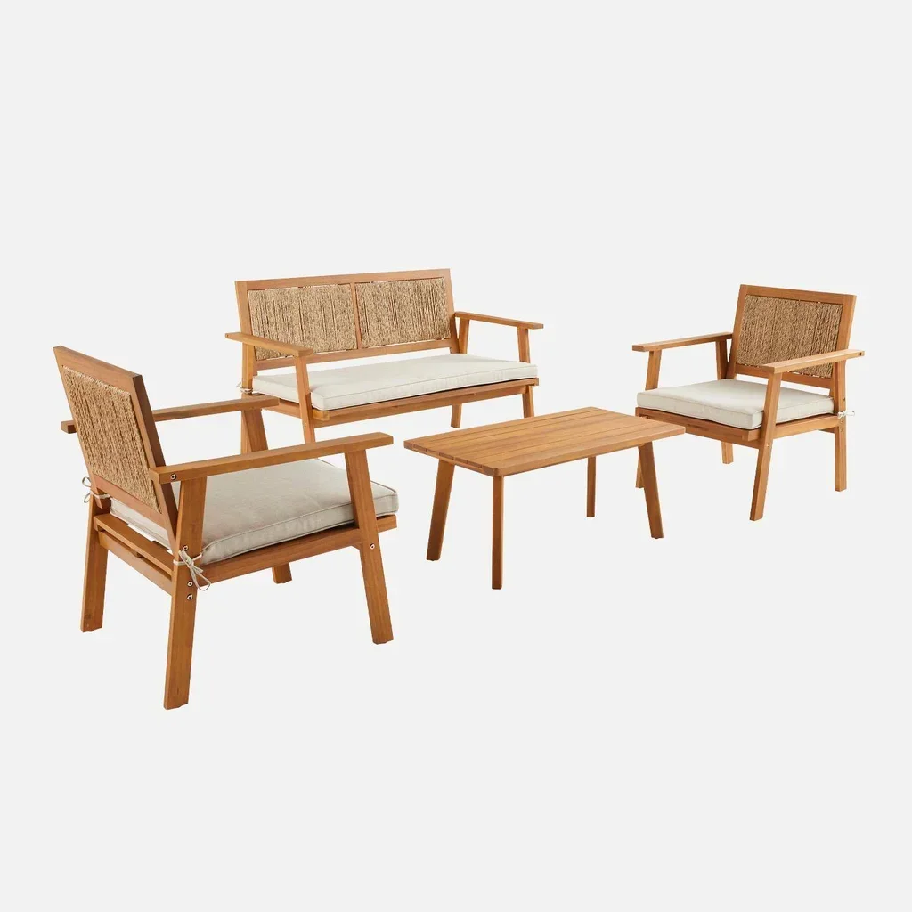 Conjunto jardim Bohemia 4 lugares madeira acácia encosto em cana vintage móveis exterior