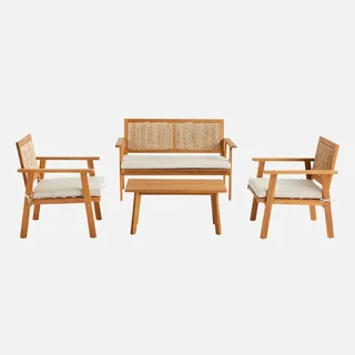 Conjunto jardim Bohemia 4 lugares madeira acácia encosto em cana vintage móveis exterior