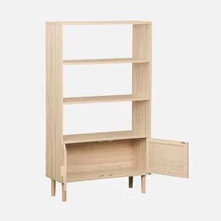 Étagère bibliothèque 3 niveaux 2 portes cannage bois vintage Camargue