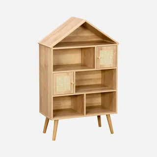 Estante infantil formato casa 7 compartimentos vime rattan madeira natural
