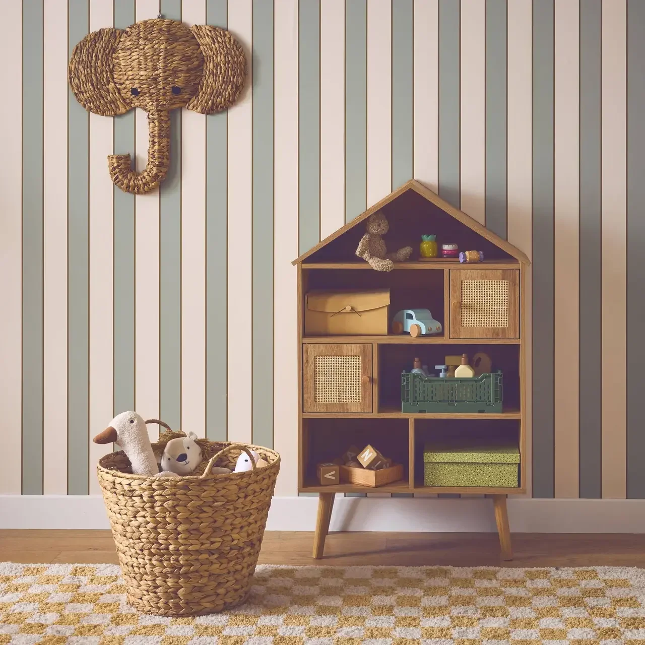 Étagère maison enfant 7 cases cannage rotin bois naturel