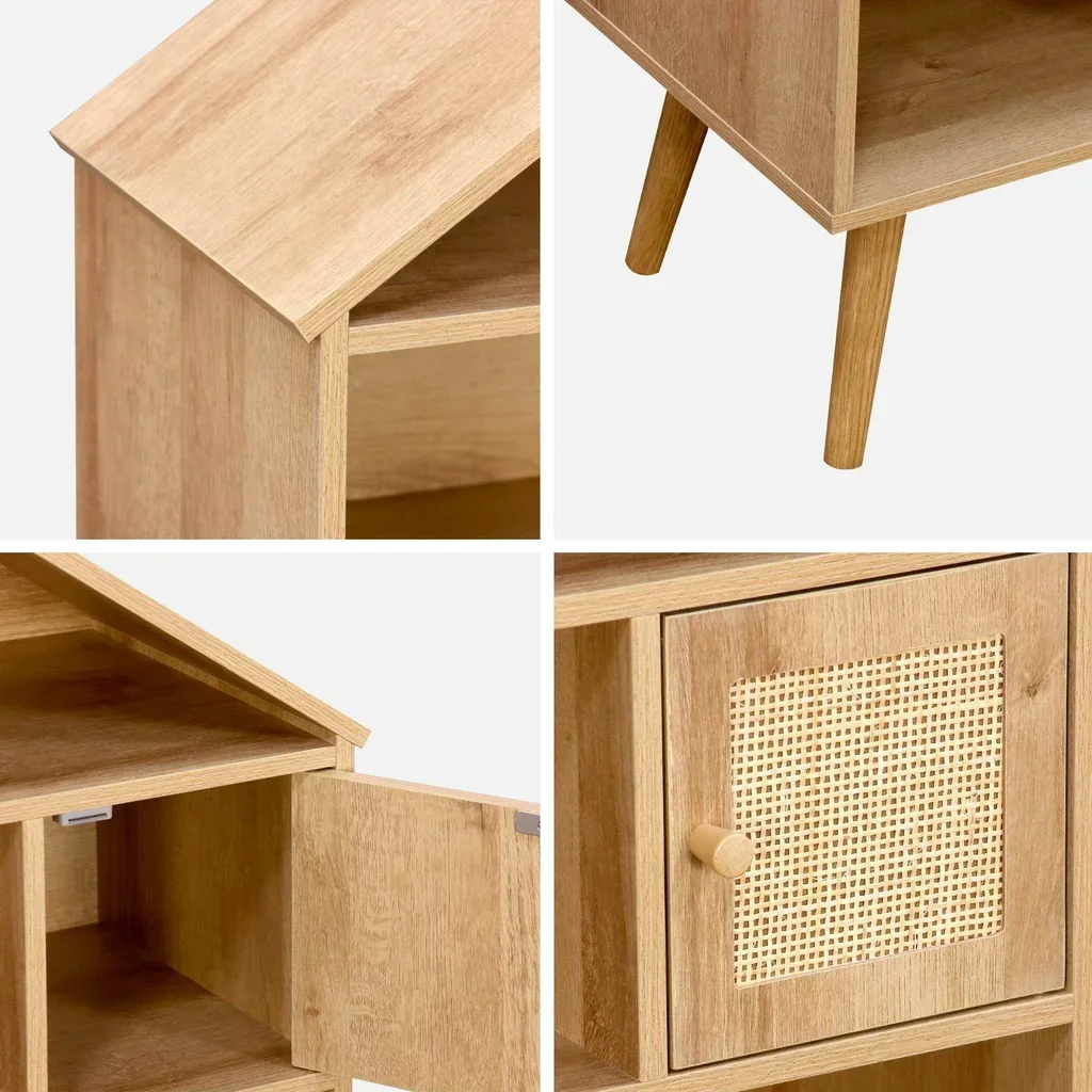 Estante infantil formato casa 7 compartimentos vime rattan madeira natural