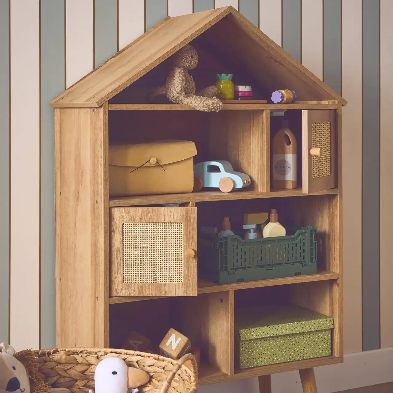 Étagère maison enfant 7 cases cannage rotin bois naturel