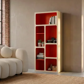 Estante biblioteca design orgânico 8 compartimentos madeira bicolor vintage Agatha