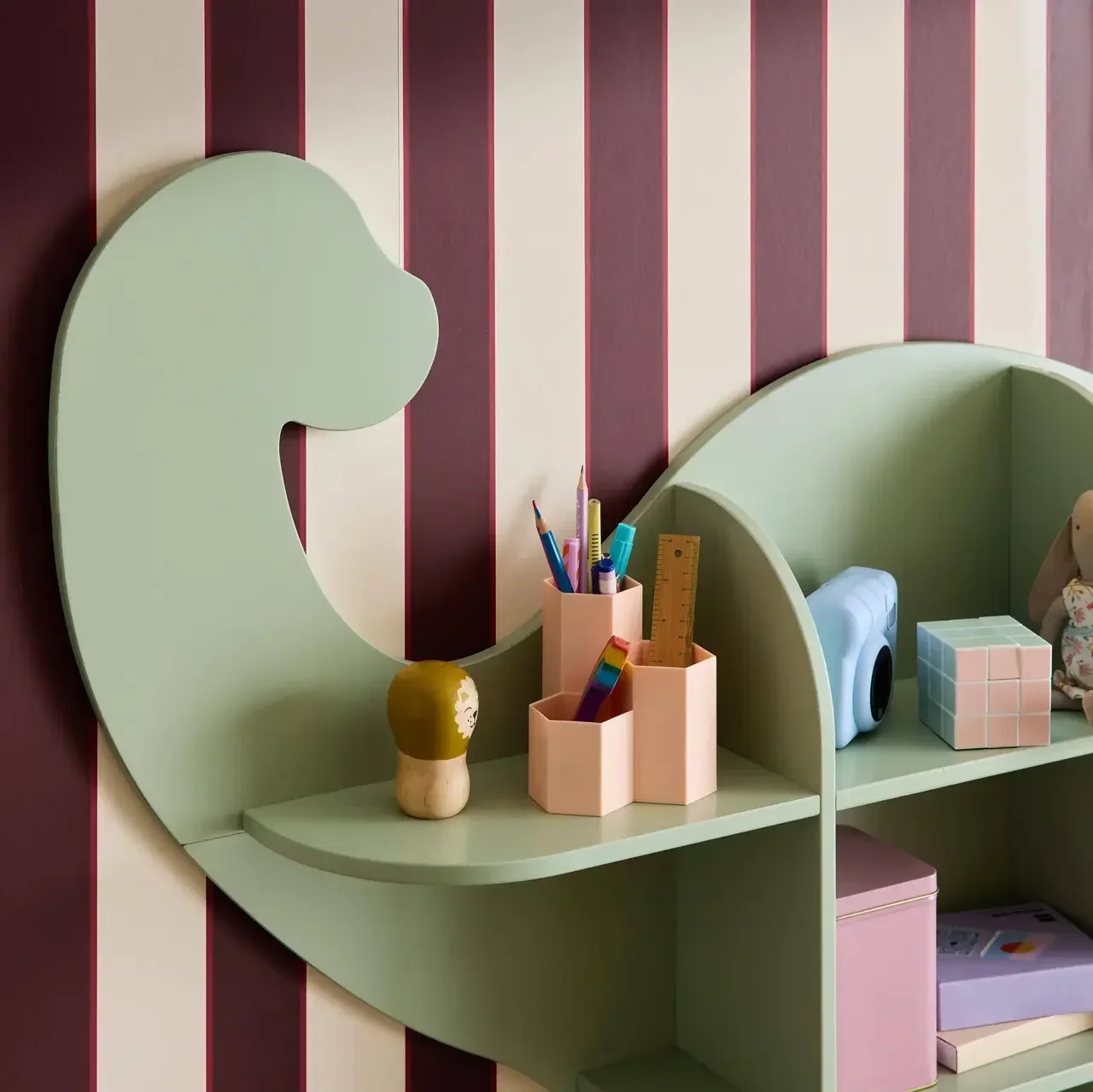 Étagère murale dinosaure vert 5 casiers rangement enfant chambre