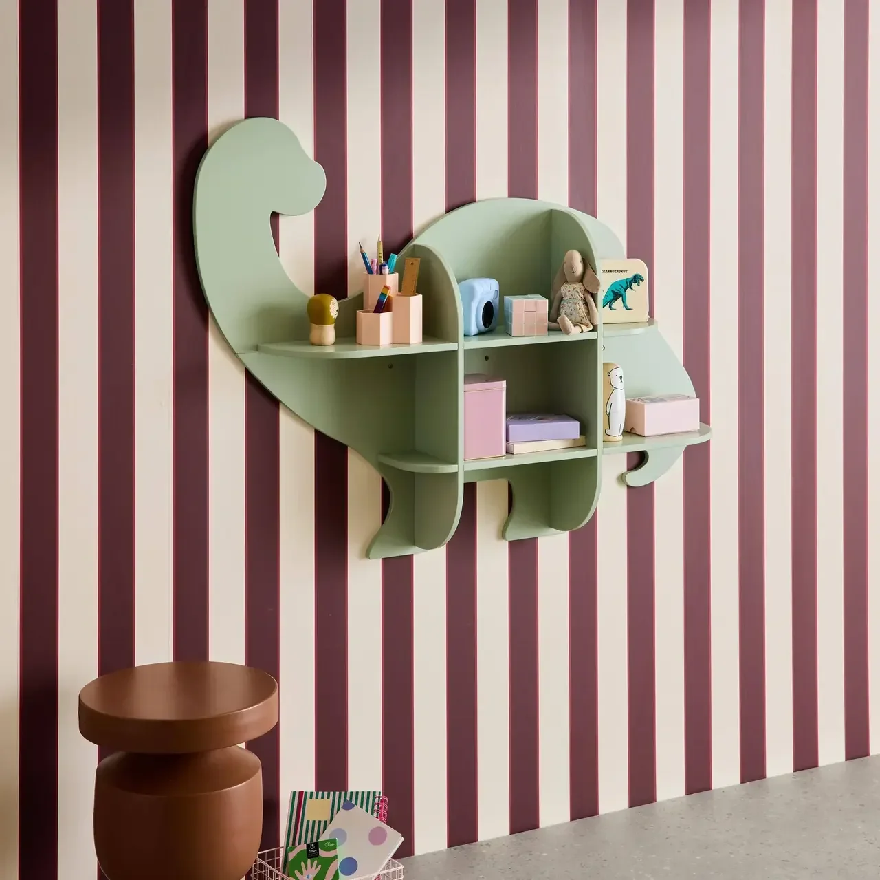Étagère murale dinosaure vert 5 casiers rangement enfant chambre