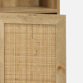Boho bathroom storage column natural wood rattan cane webbing