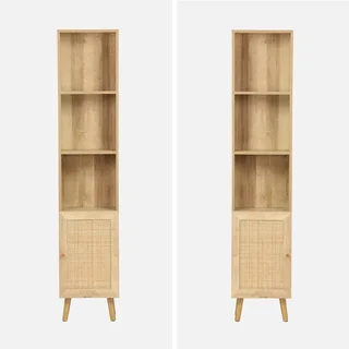Boho bathroom storage column natural wood rattan cane webbing