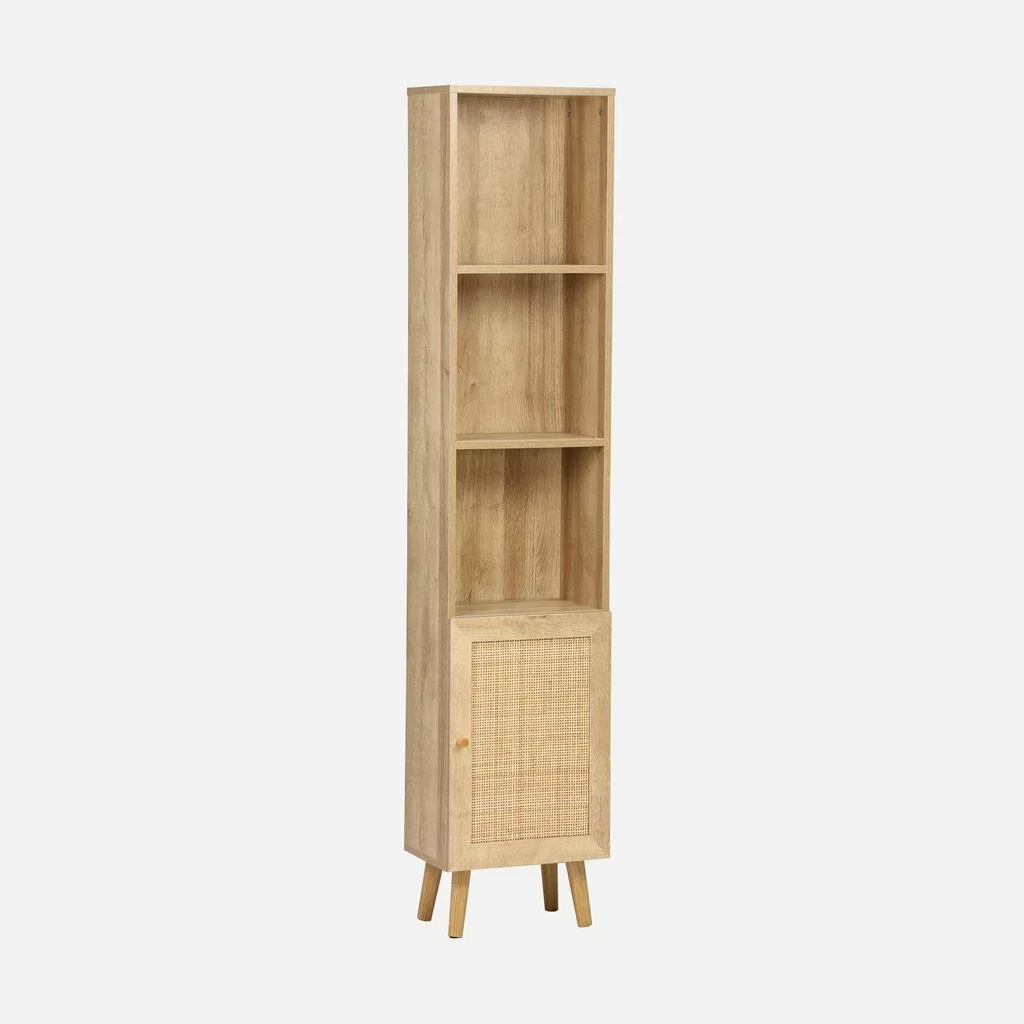 Boho bathroom storage column natural wood rattan cane webbing