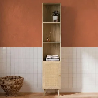 Boho bathroom storage column natural wood rattan cane webbing