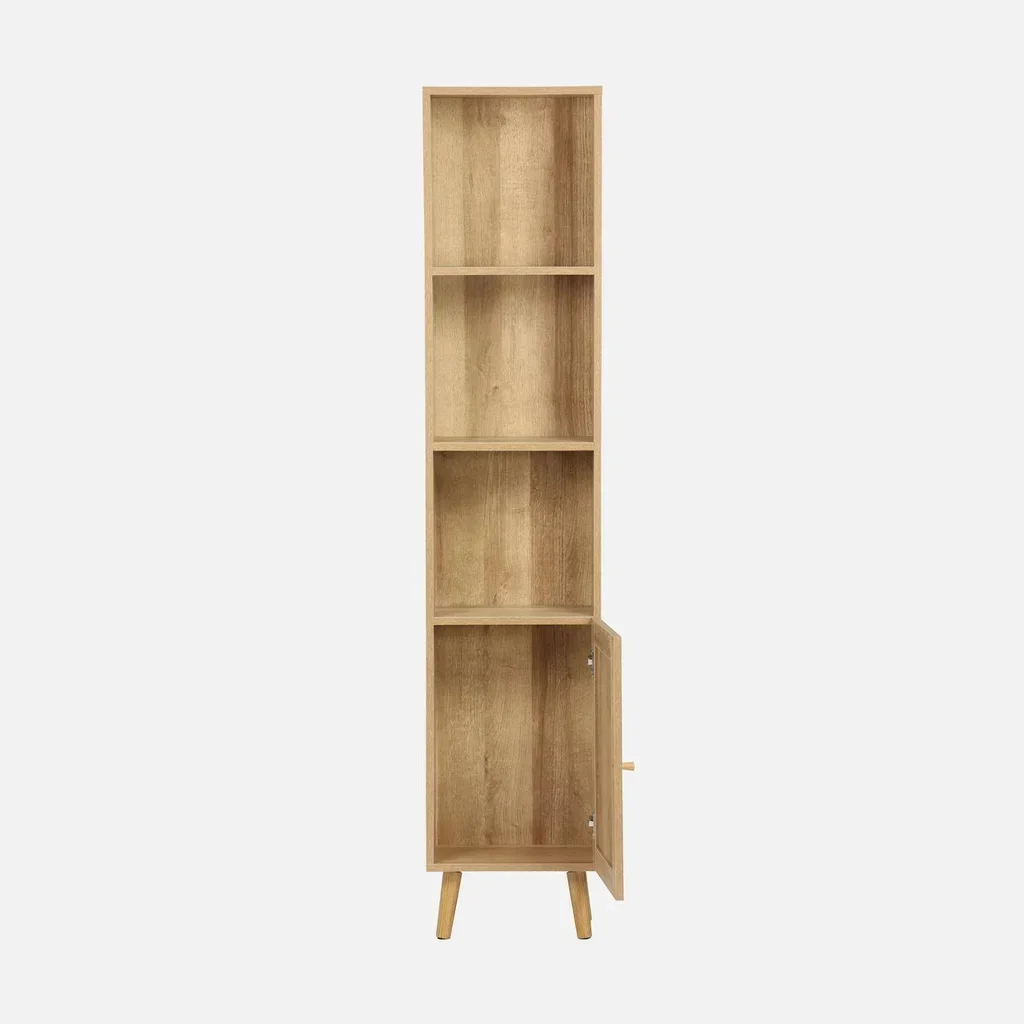 Boho bathroom storage column natural wood rattan cane webbing