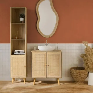 Boho bathroom storage column natural wood rattan cane webbing