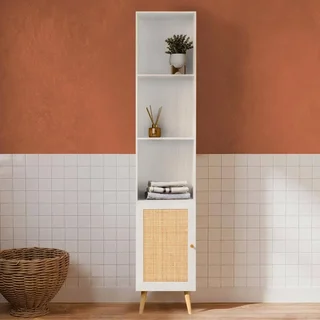 4-Tier Boho Rattan Bamboo Bathroom Storage Tower Wooden Freestanding Corner Shelf Organizer