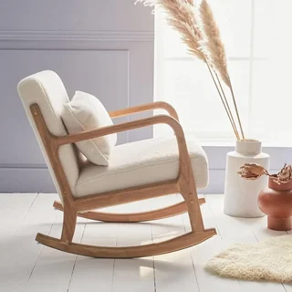 Fauteuil rocking chair scandinave bois hévéa bouclette écru confort