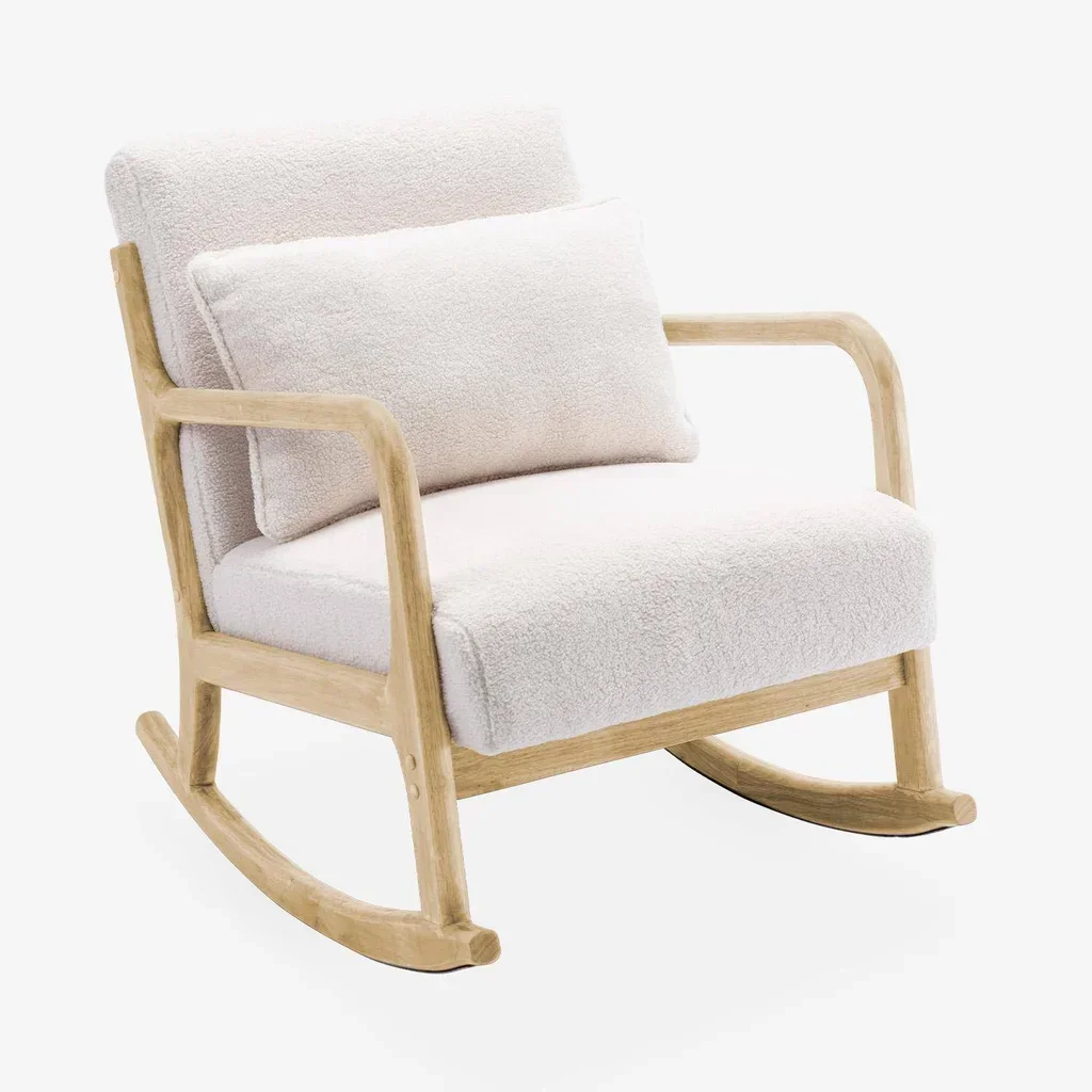 Fauteuil rocking chair scandinave bois hévéa bouclette écru confort