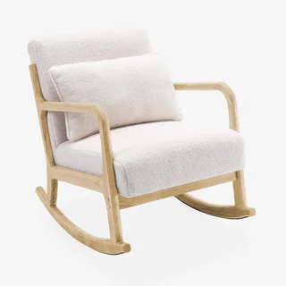Fauteuil rocking chair scandinave bois hévéa bouclette écru confort