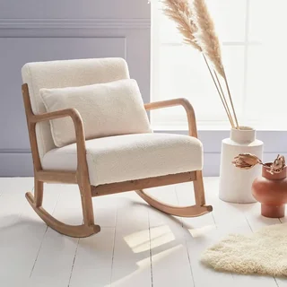 Fauteuil rocking chair scandinave bois hévéa bouclette écru confort