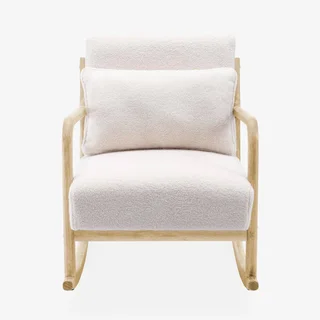 Fauteuil rocking chair scandinave bois hévéa bouclette écru confort