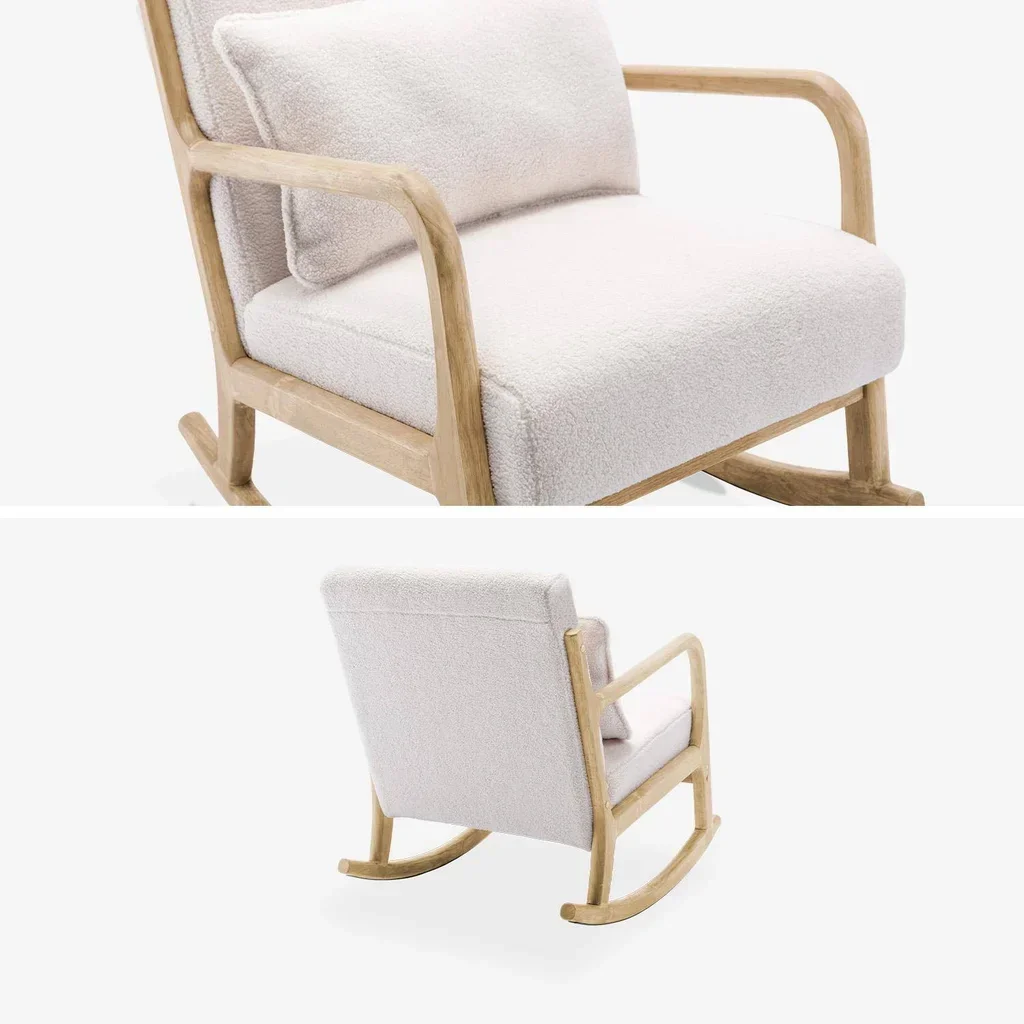 Fauteuil rocking chair scandinave bois hévéa bouclette écru confort