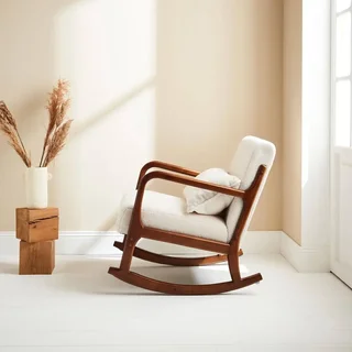 Fauteuil à bascule scandinave Lorens bois hévéa assise bouclette crème