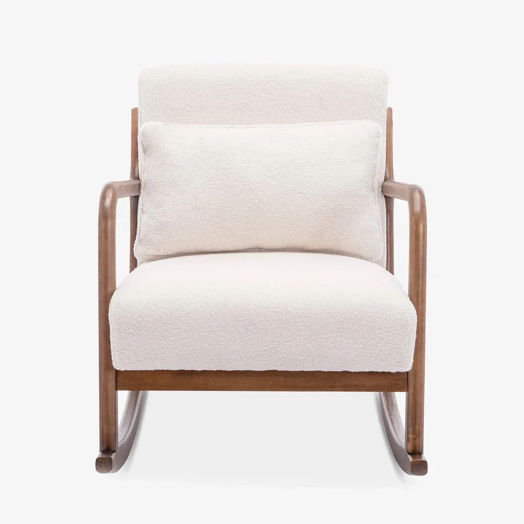 Fauteuil à bascule scandinave Lorens bois hévéa assise bouclette crème