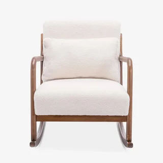 Fauteuil à bascule scandinave Lorens bois hévéa assise bouclette crème
