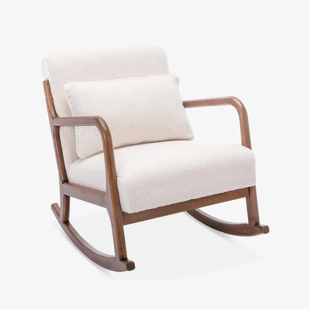 Fauteuil à bascule scandinave Lorens bois hévéa assise bouclette crème