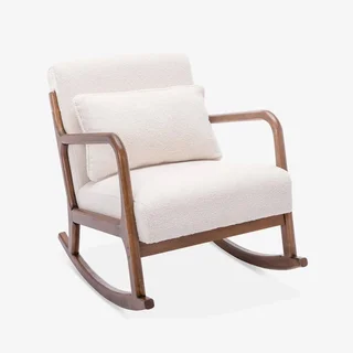 Fauteuil à bascule scandinave Lorens bois hévéa assise bouclette crème