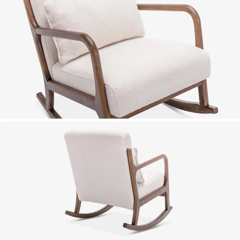Fauteuil à bascule scandinave Lorens bois hévéa assise bouclette crème