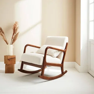 Fauteuil à bascule scandinave Lorens bois hévéa assise bouclette crème