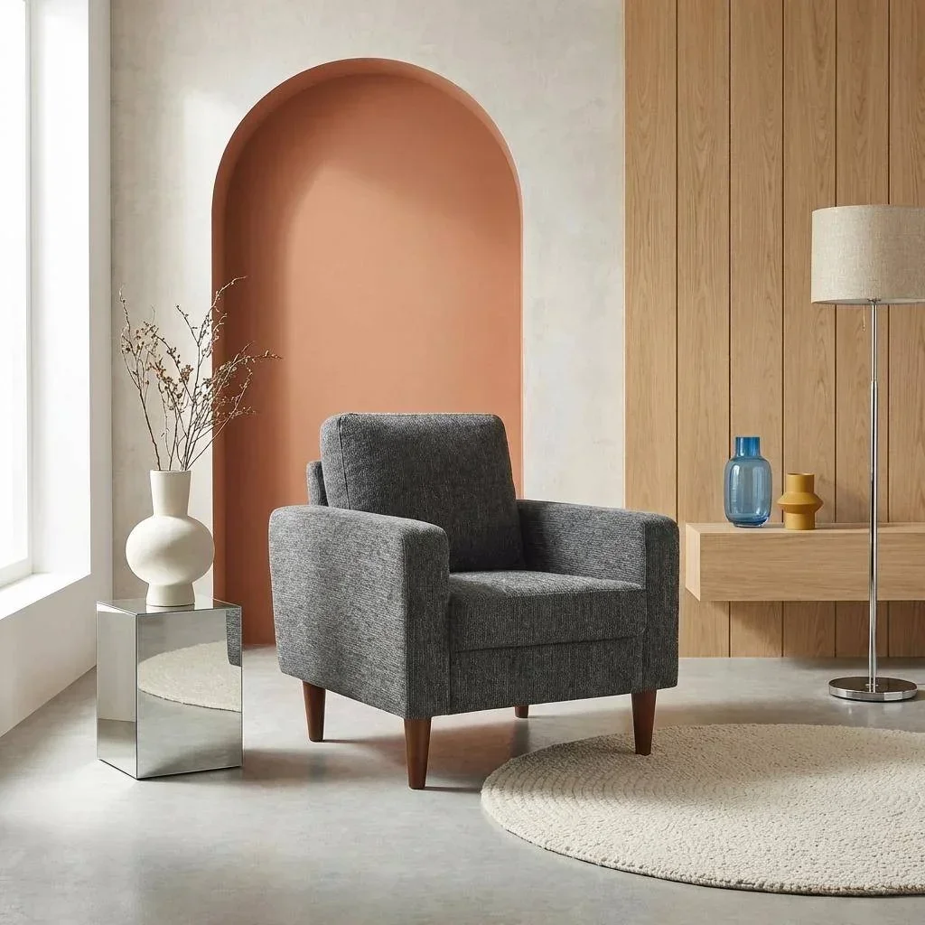 Skandinavischer Sessel Bjorn Massivholz Hevea Beige Chenille Polsterstuhl
