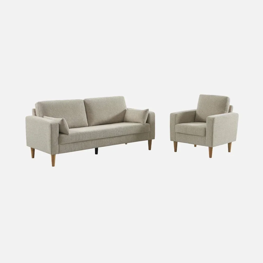 Bjorn Sessel Massivholz Hevea Beige Chenille Skandinavisches Design Wohnzimmer Komfort