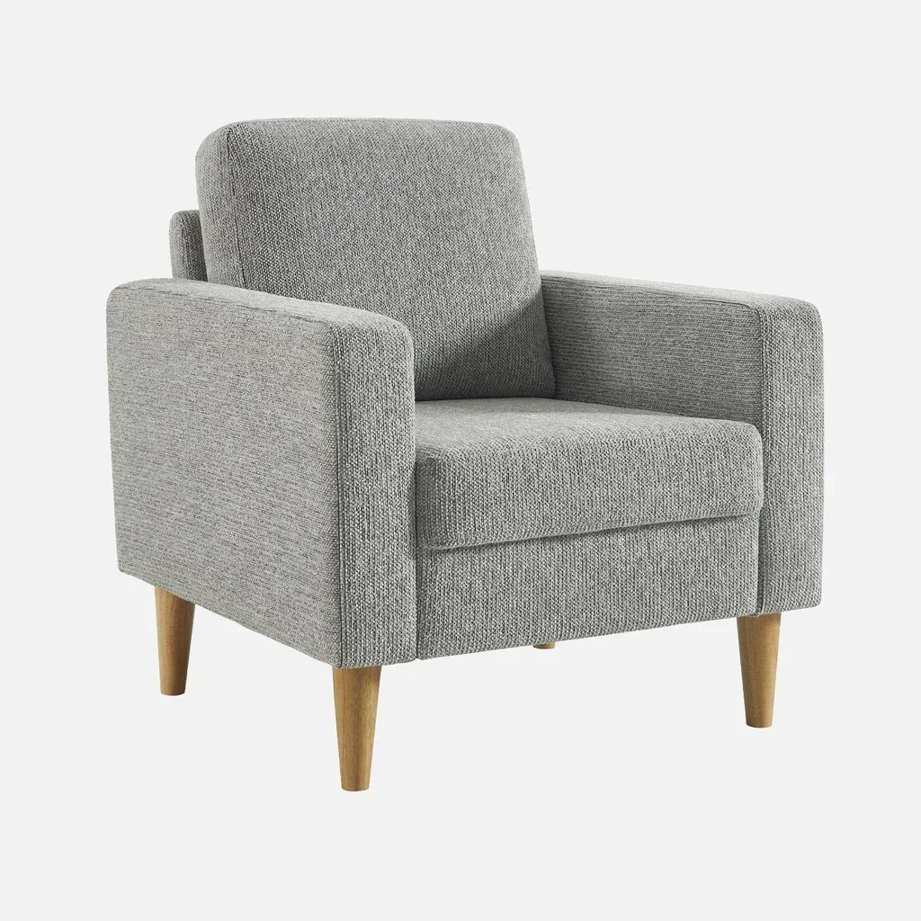 Fauteuil Bjorn bois hévéa et tissu chenille beige scandinave confort salon