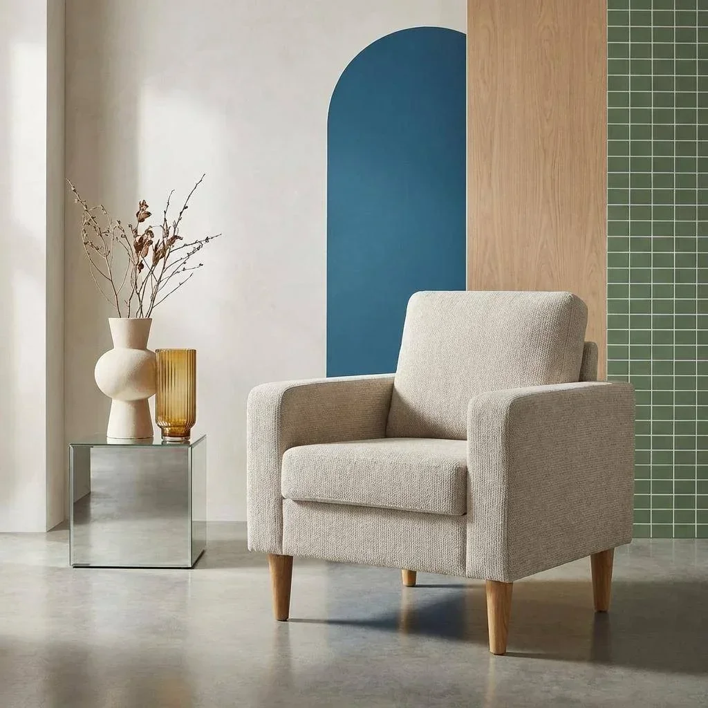 Bjorn Sessel Massivholz Hevea Beige Chenille Skandinavisches Design Wohnzimmer Komfort